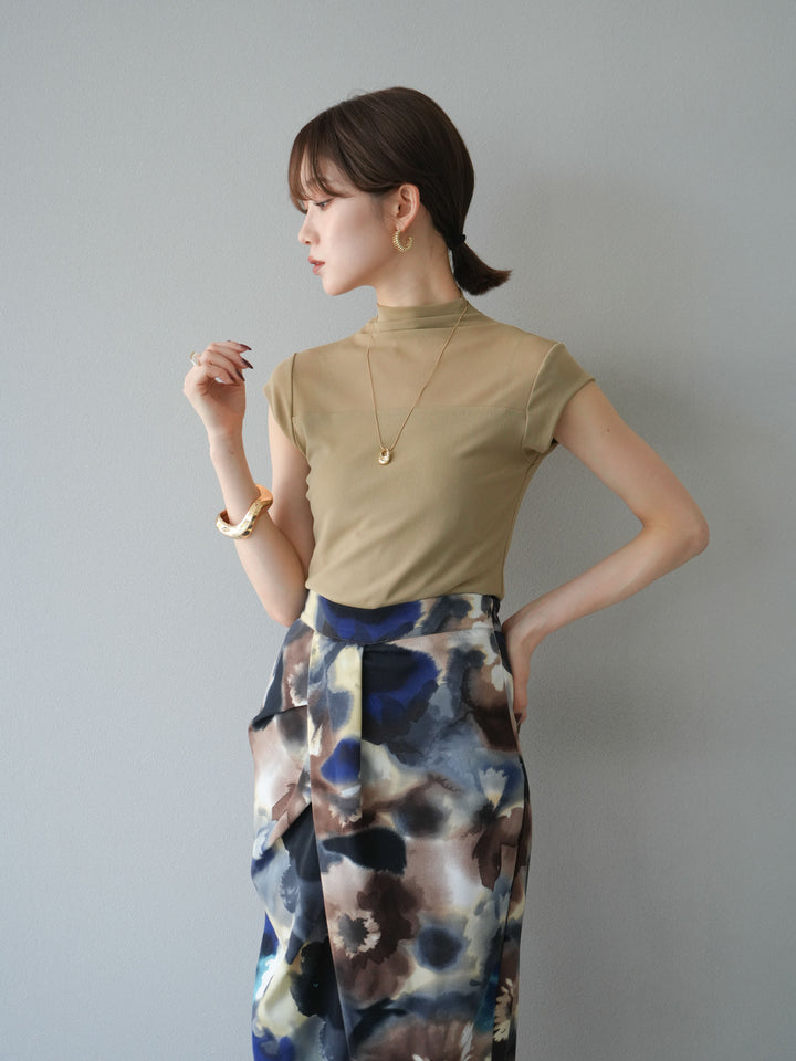 [予約]シアー切替ストレッチトップス/ベージュ