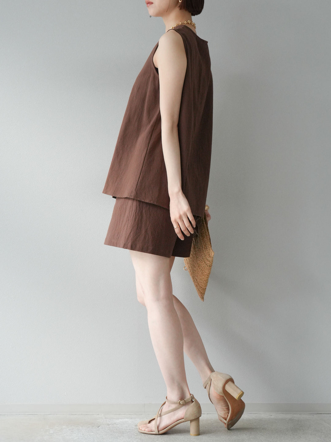 [套裝] 亞麻V領襯衫和短褲套裝 + 可選配件套裝（2 套）