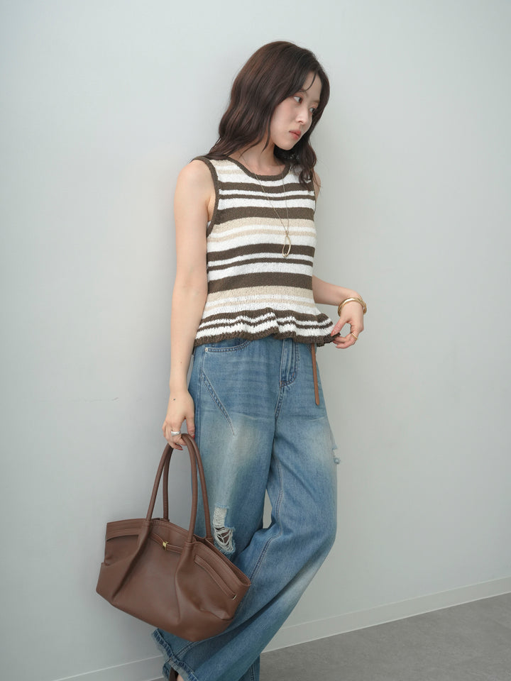 [予約]マルチボーダーフリルヘムノースリニットトップス/brown