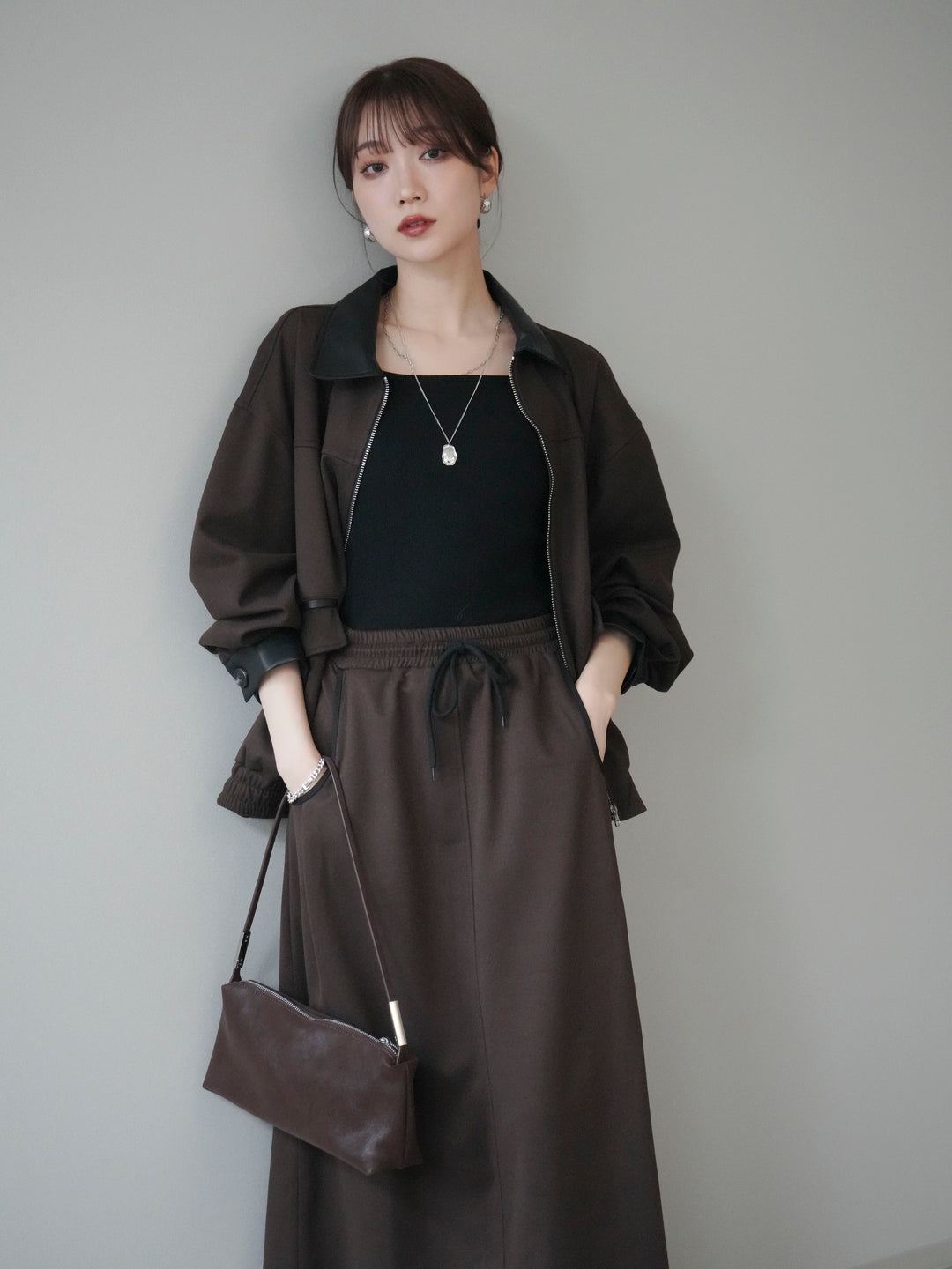 [予約]レザー襟配色パイピングブルゾン/brown