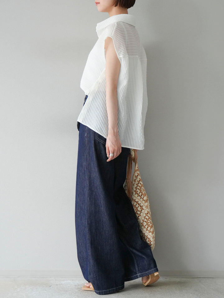 [SET] 透視格紋無袖襯衫 + 臀部設計牛仔褲（2 套）