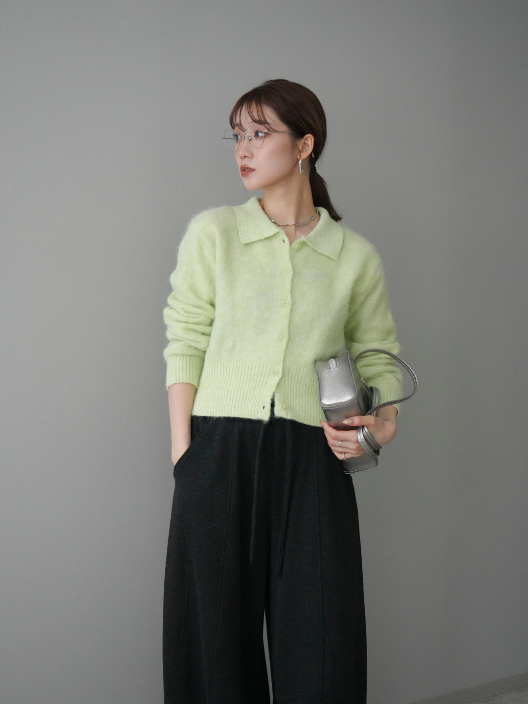 [予約]モヘア衿付きボタンプルオーバー/lime