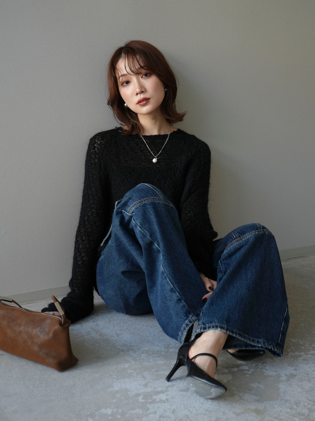 [予約]透かし編みモヘアタッチポコポコニットプルオーバー/black