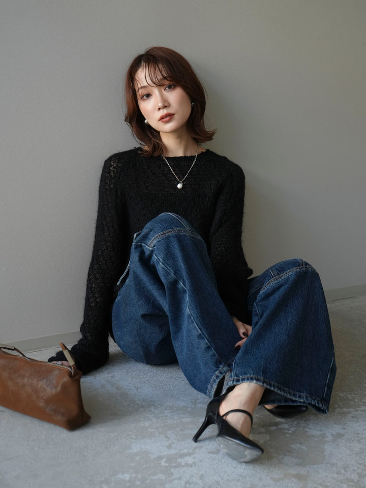 [予約]透かし編みモヘアタッチポコポコニットプルオーバー/black