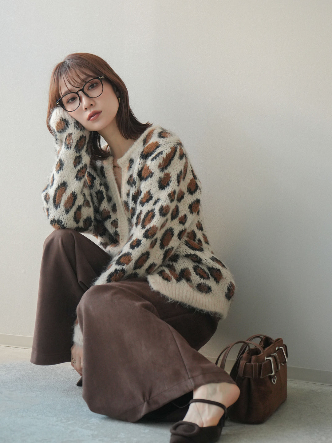 [SET]モヘアタッチレオパード柄ニットカーディガン+選べるアクセセット(2set)