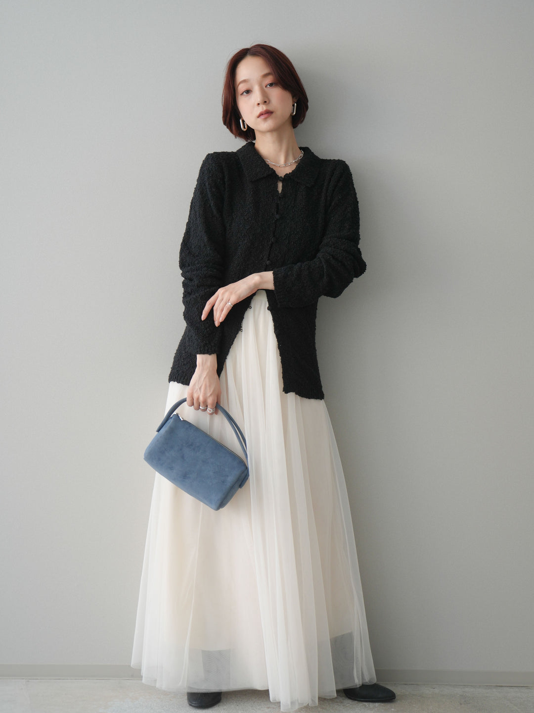 [SET]透かし編みブークレポロニットトップス+チュールボリュームスカート(2set)