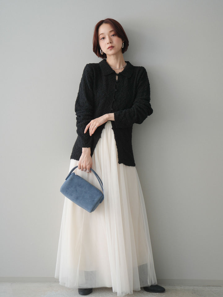 [SET]透かし編みブークレポロニットトップス+チュールボリュームスカート(2set)
