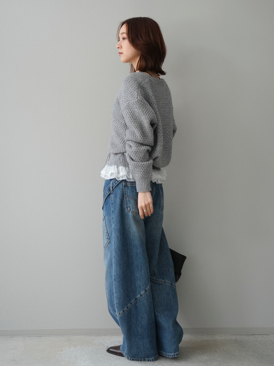 [SET]裾レースケーブルニットカーディガン+ペインターカーブデニムパンツ(2set)