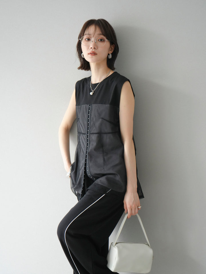 [預購] 薄紗對接鉤設計剪裁套頭衫/黑色