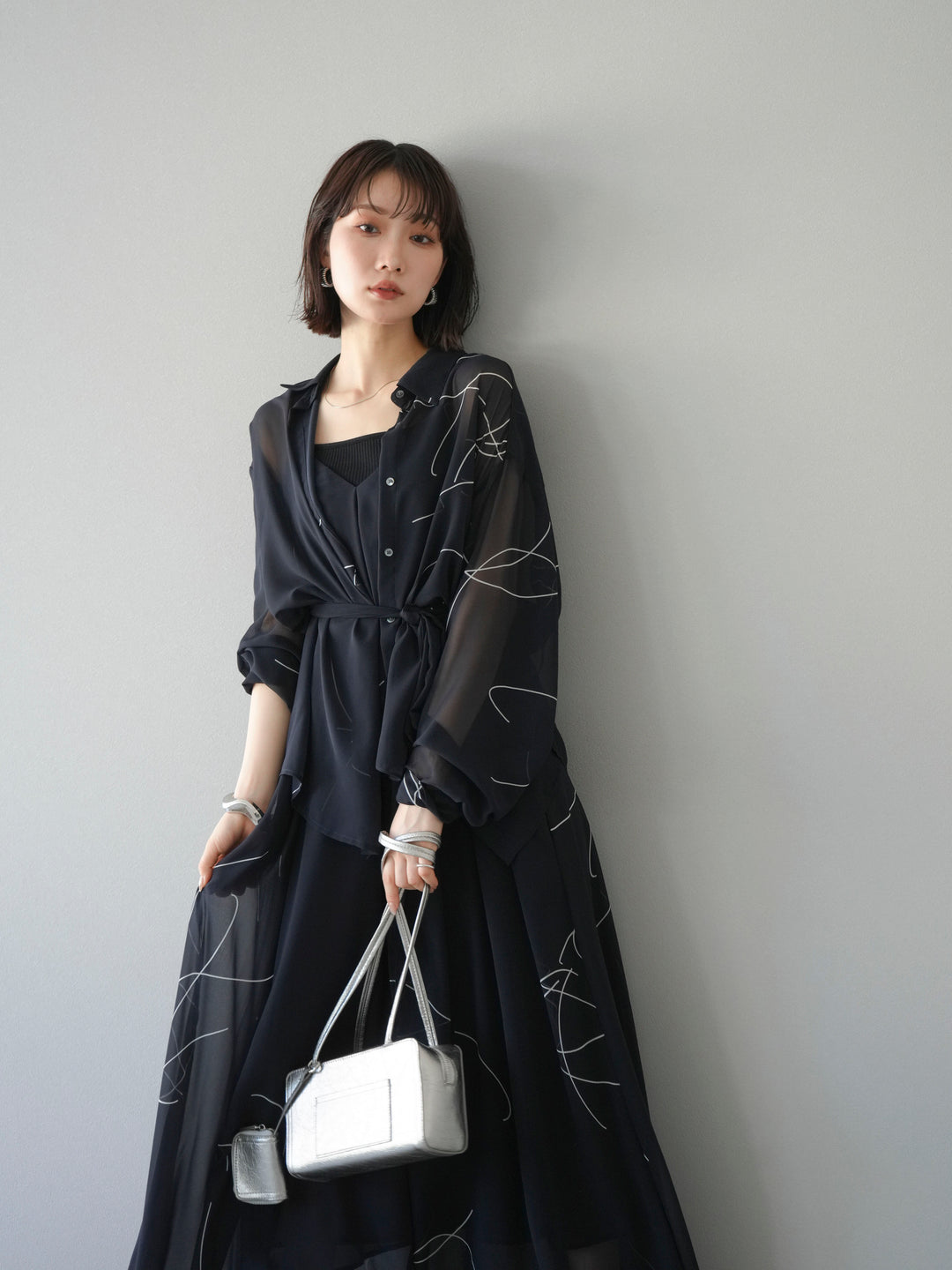 [SET]ペンタッチシフォンキャミワンピース+ペンタッチシフォンシャツ(2set)