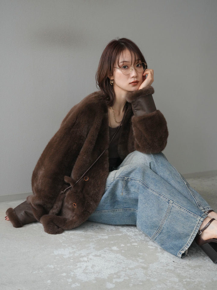 [予約]バッグ付エコファーノーカラーコート/brown