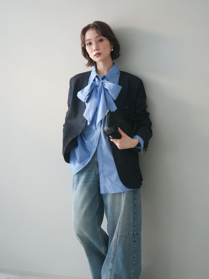 [SET]ノーカラージャケット+ボウタイ付オーバーシャツ(2set)