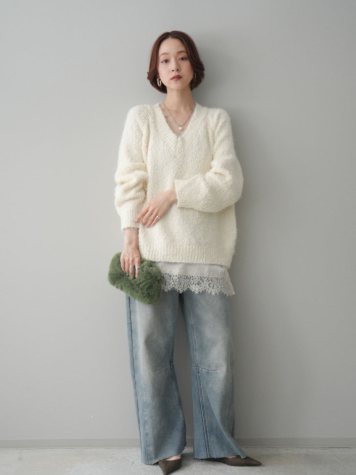 [予約]裏起毛カットオフカーブデニムパンツ/blue