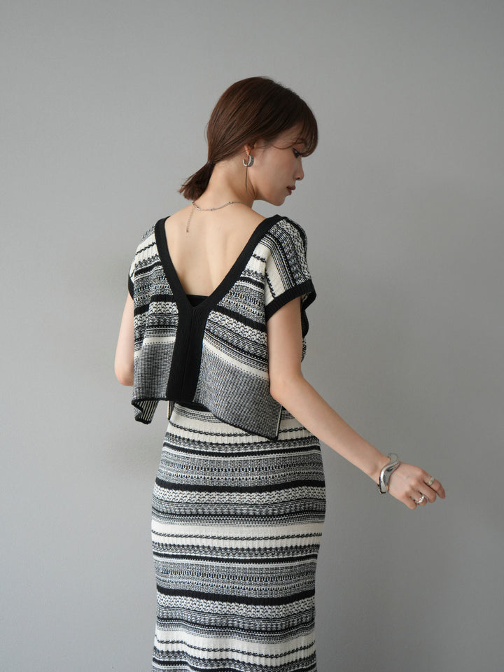 [予約]ガーター編み2WAYニットベスト/ホワイト×ブラック