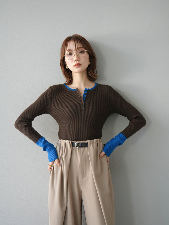 [1]ヘンリーネック配色リブニットトップス/ブラウン