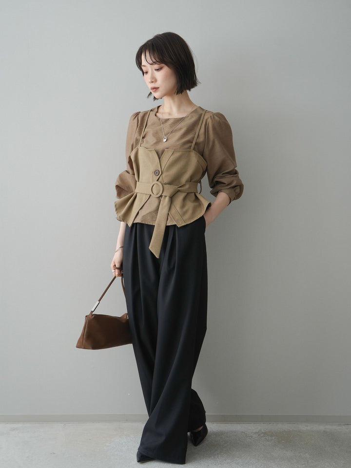 [SET]異素材ビスチェドッキングブラウス+ベルト付キーホルダーモチーフワイドパンツ(2set)