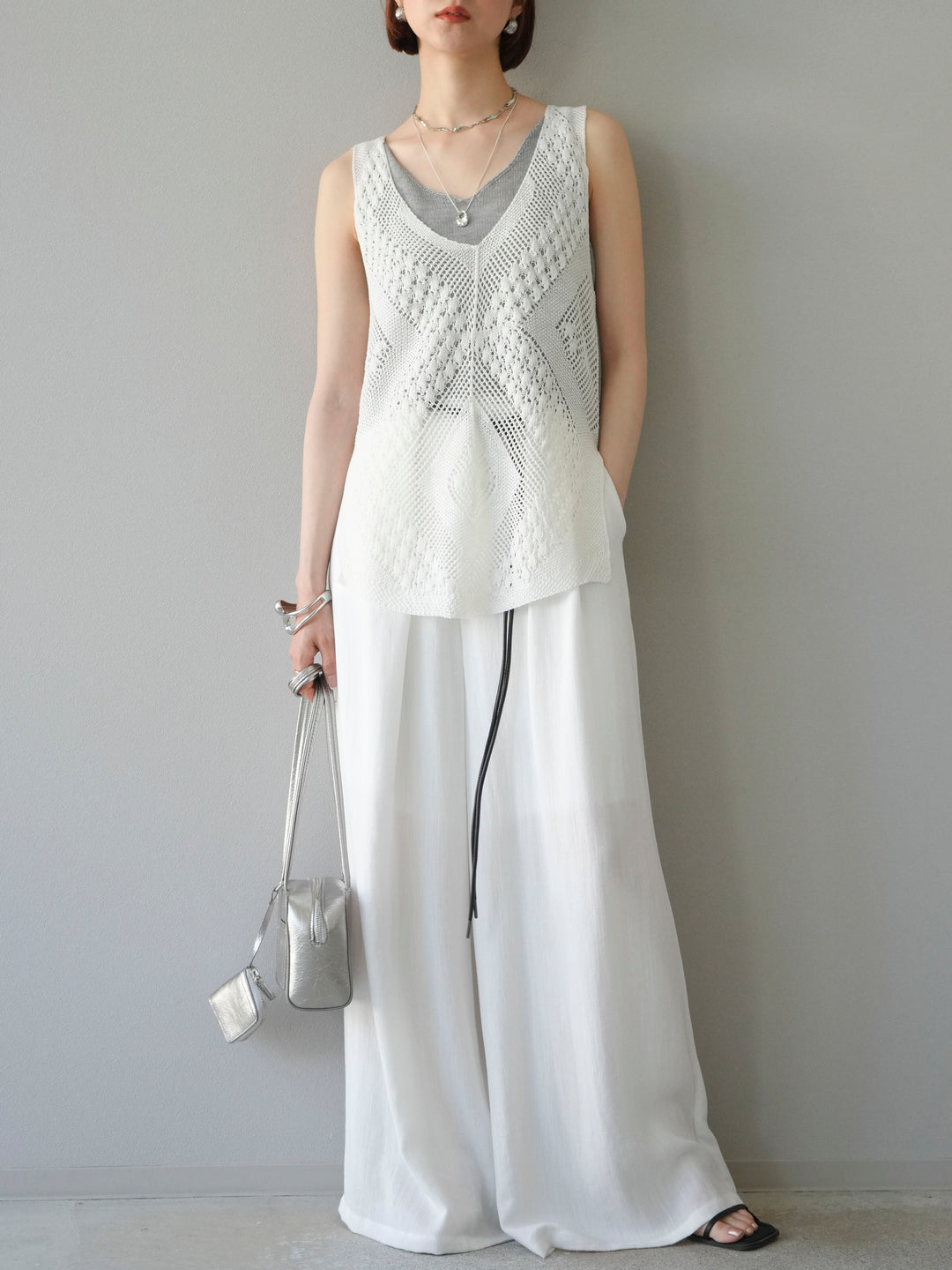 [予約]透かし編みレイヤードニットトップス/ホワイト