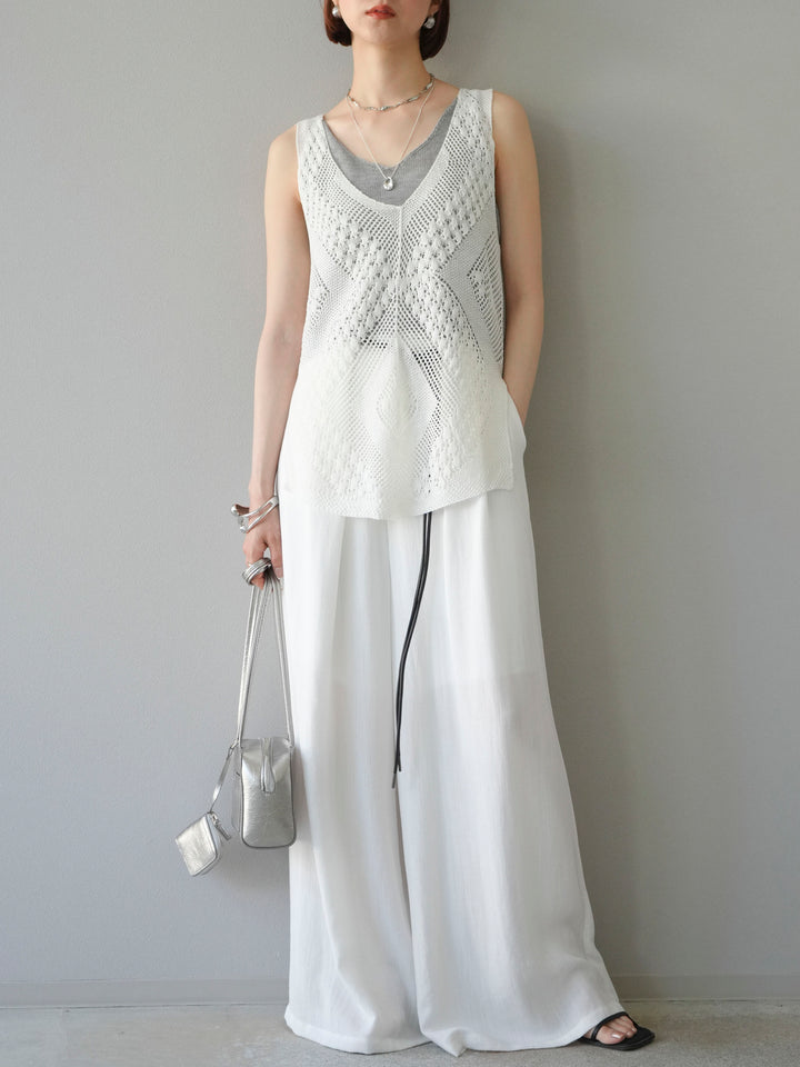 [予約]透かし編みレイヤードニットトップス/ホワイト