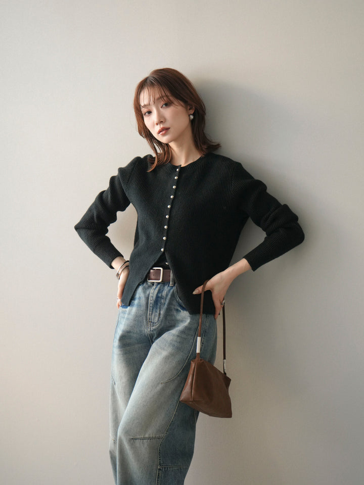 [SET]シルバーボタン畦編みニットカーディガン+ベルト付カーブデニムパンツ(2set)