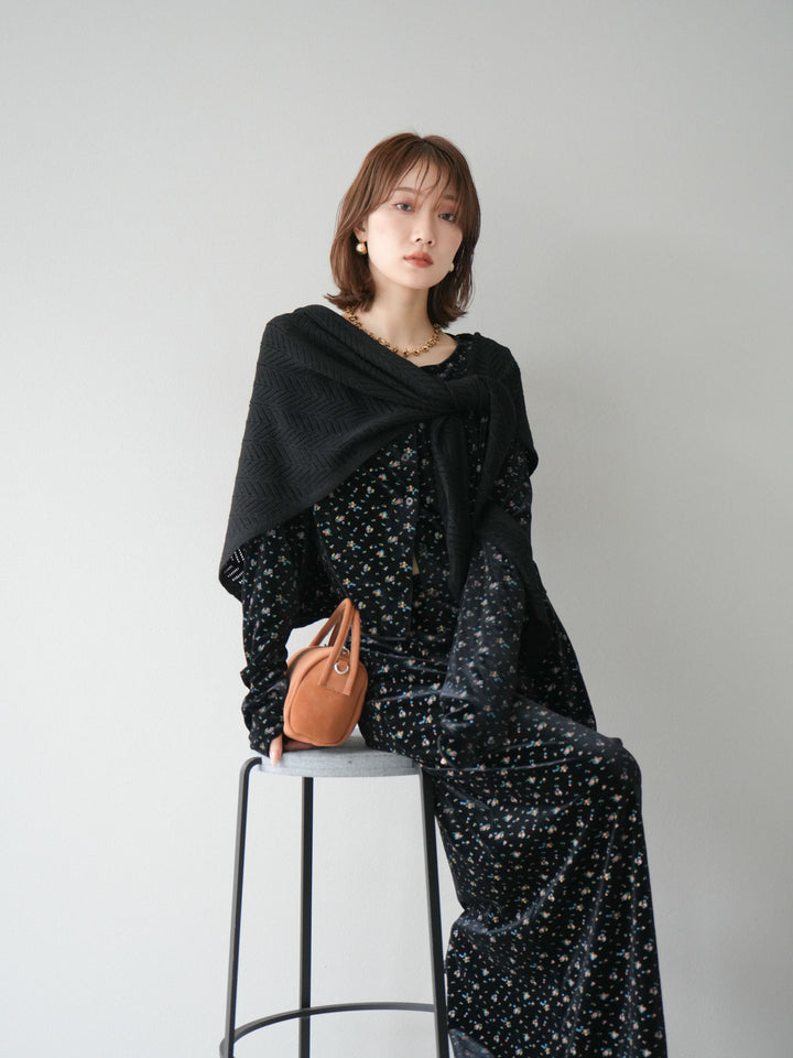 [予約]ベロアフラワープリントカーディガン/ブラックxイエロー