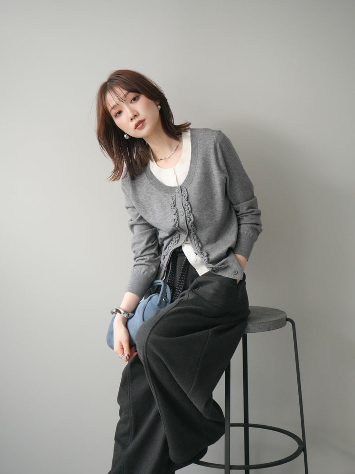 [予約]配色レイヤードフリルデザインニットカーディガン/gray
