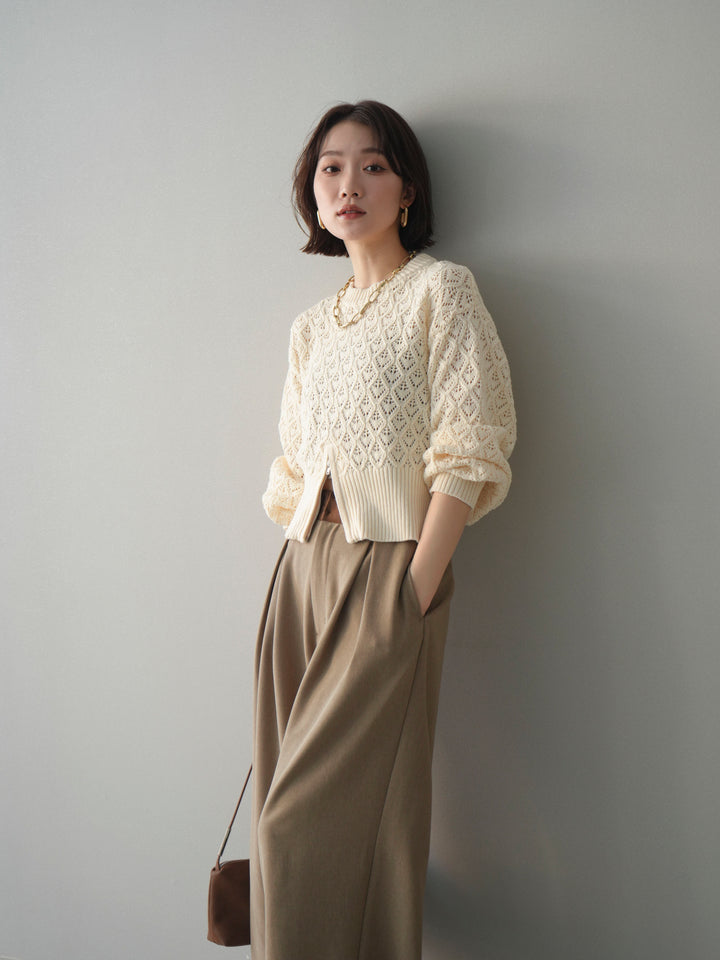 [予約]透かし編みフロントジップスリットニットプルオーバー/ivory