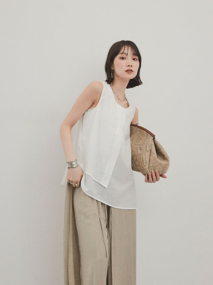 [SET]シアータックアシンメトリーブラウス+ワッシャーサテンレイヤードスカートパンツ(2set)