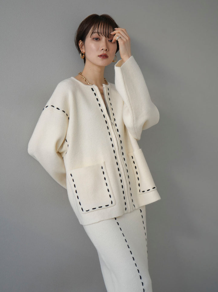 [Pre-order] Stitch Embroidered Zip Knit Cardigan/Ivory