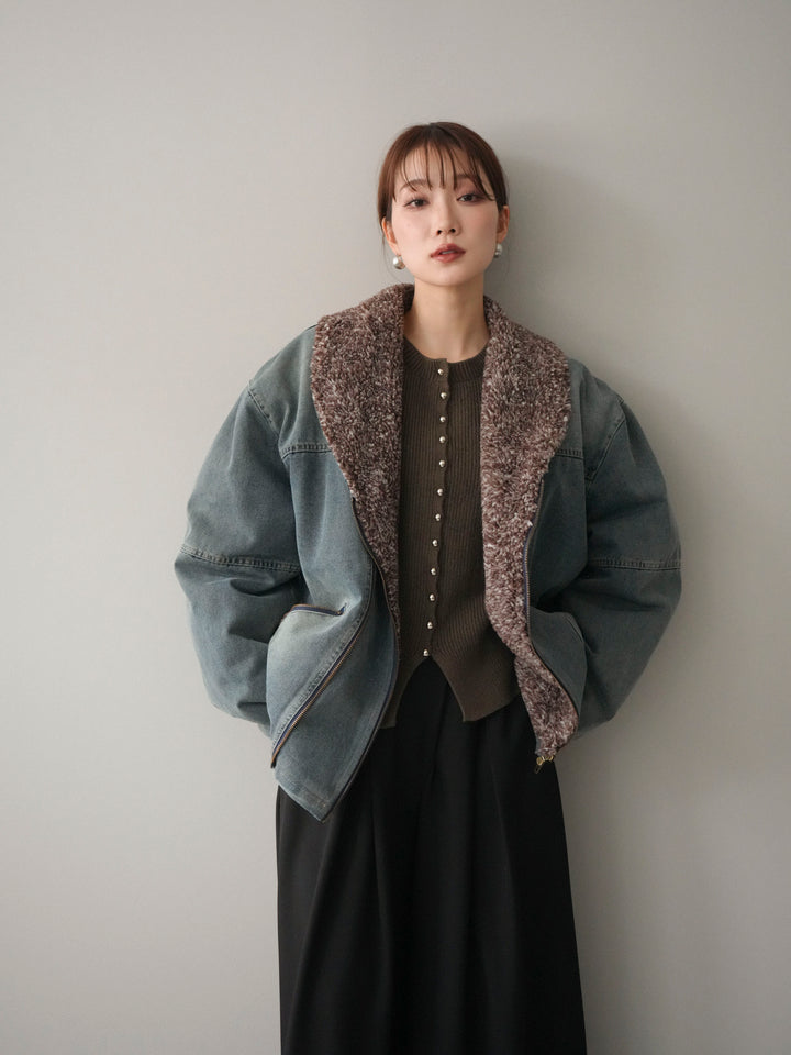 [SET]ミックスボアデニムジャケット+テープベルトタックバギーパンツ(2set)