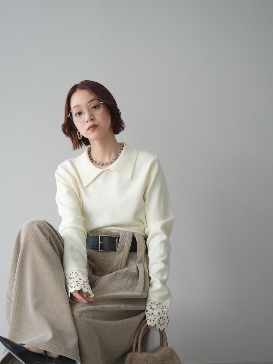 [SET]スカラップレース袖襟付きニットトップス+選べるアクセセット(2set)