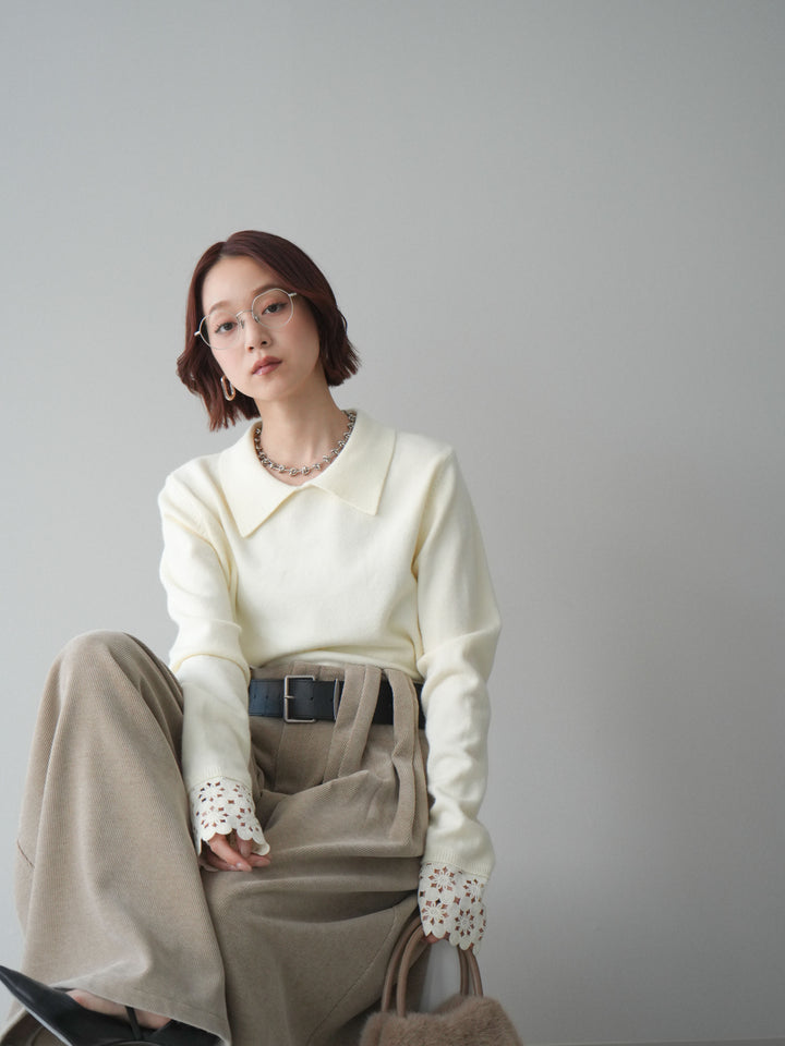 [SET]スカラップレース袖襟付きニットトップス+選べるアクセセット(2set)