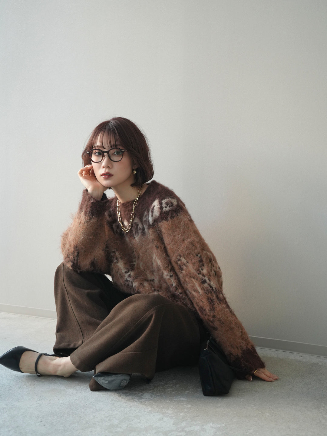 [予約]シャギーニュアンス柄ニットプルオーバー/brown