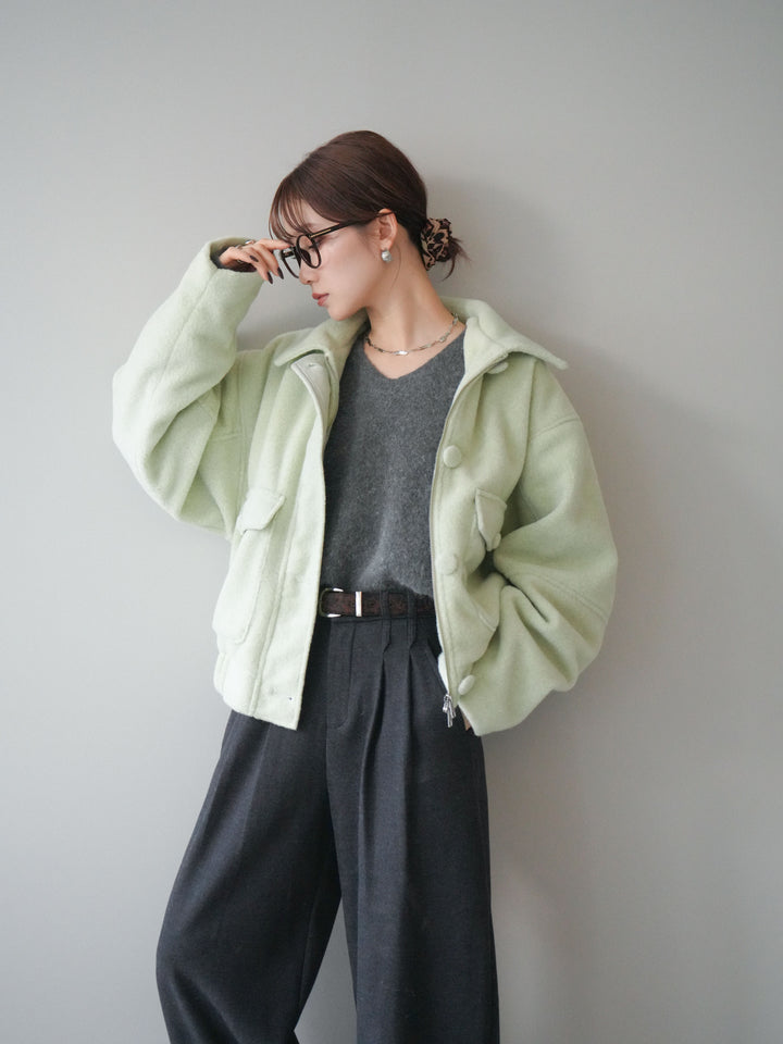 [SET]ウールライクフライトジャケット+シュシュ付きアンゴラタッチVネックニットプルオーバー(2set)