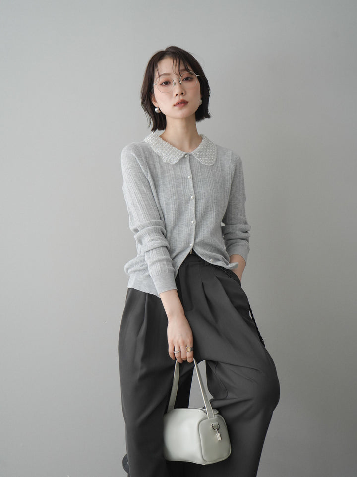 [SET]ビジュー襟パールボタンニットカーディガン+編み込みベルト付タックワイドパンツ(2set)