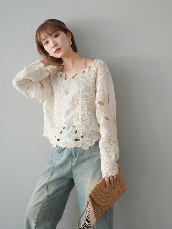 [預訂] 鉤針設計襯衫/象牙色