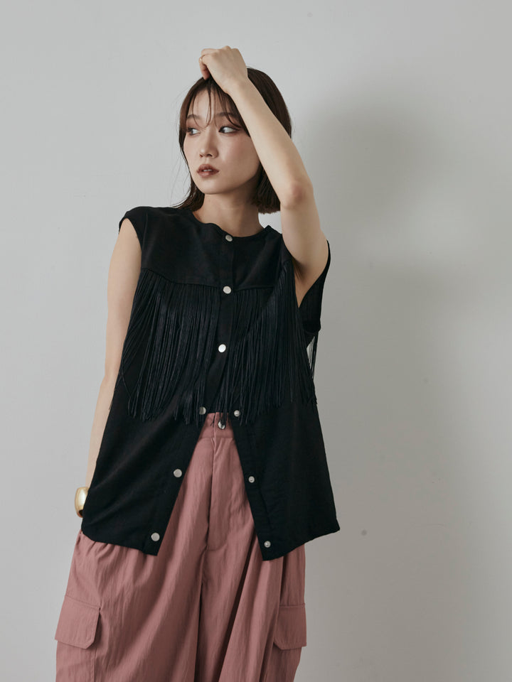 【預購】流蘇無袖上衣/黑色