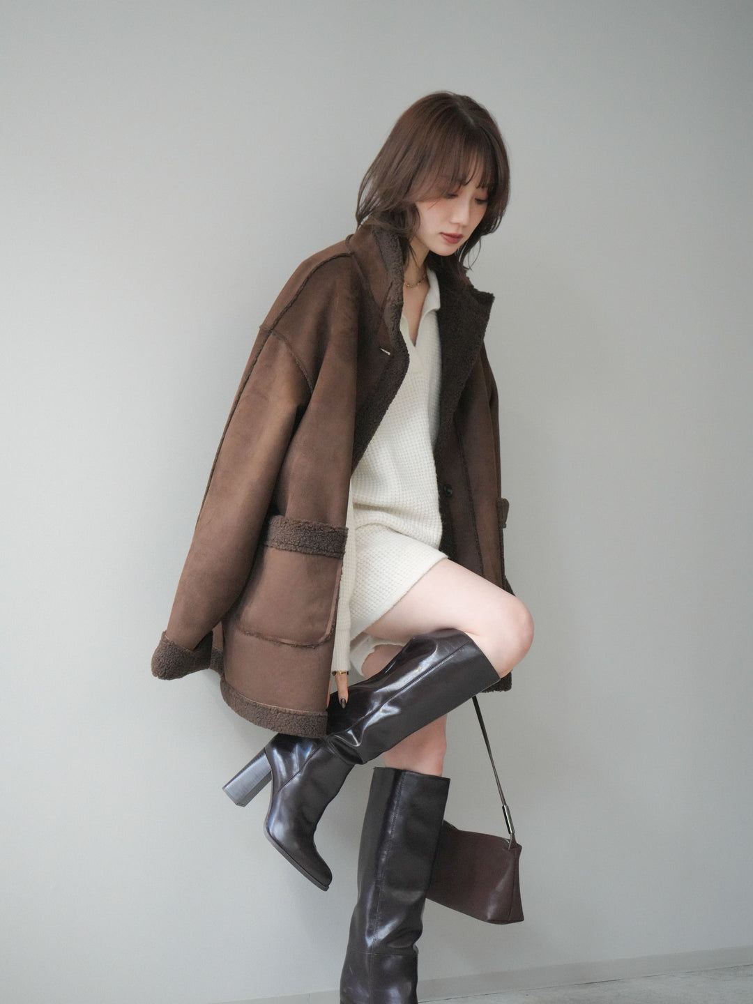 [SET]ポロニットプルオーバー＆ショートパンツSET UP+スタンドネックフェイクムートンミディアムコート(2set)