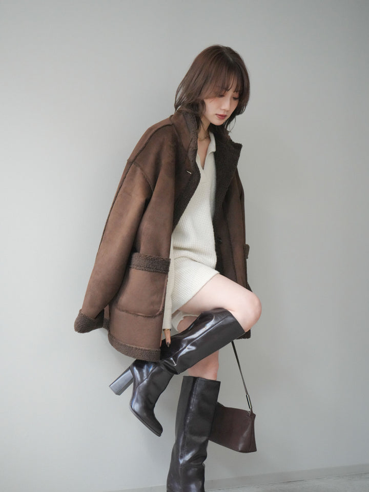 [SET]ポロニットプルオーバー＆ショートパンツSET UP+スタンドネックフェイクムートンミディアムコート(2set)