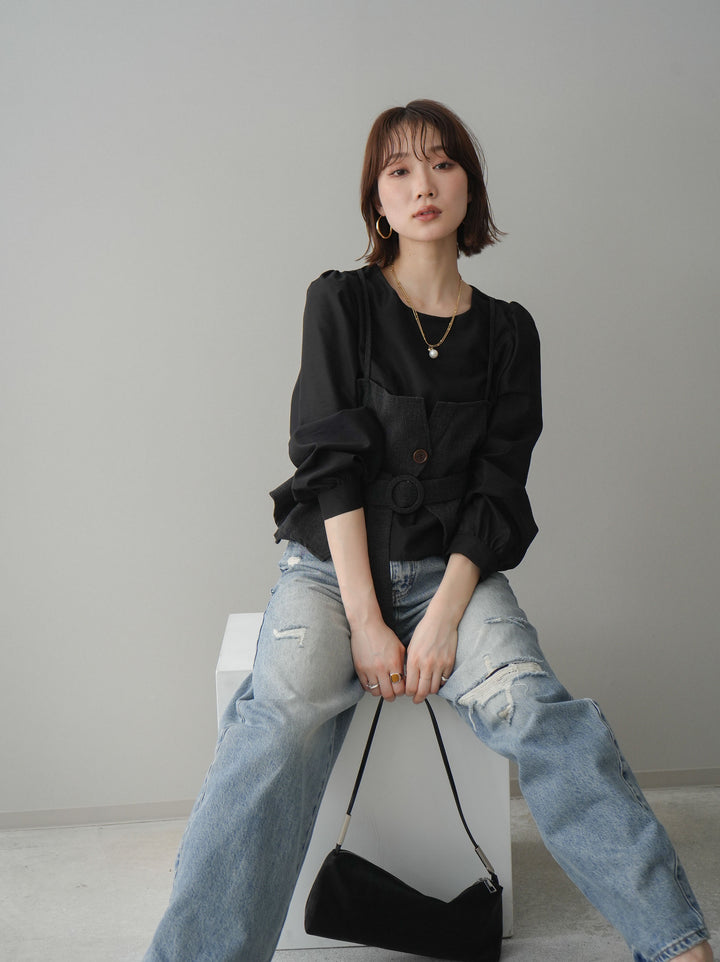 [SET]異素材ビスチェドッキングブラウス+ダメージデニムセミワイドパンツ(2set)