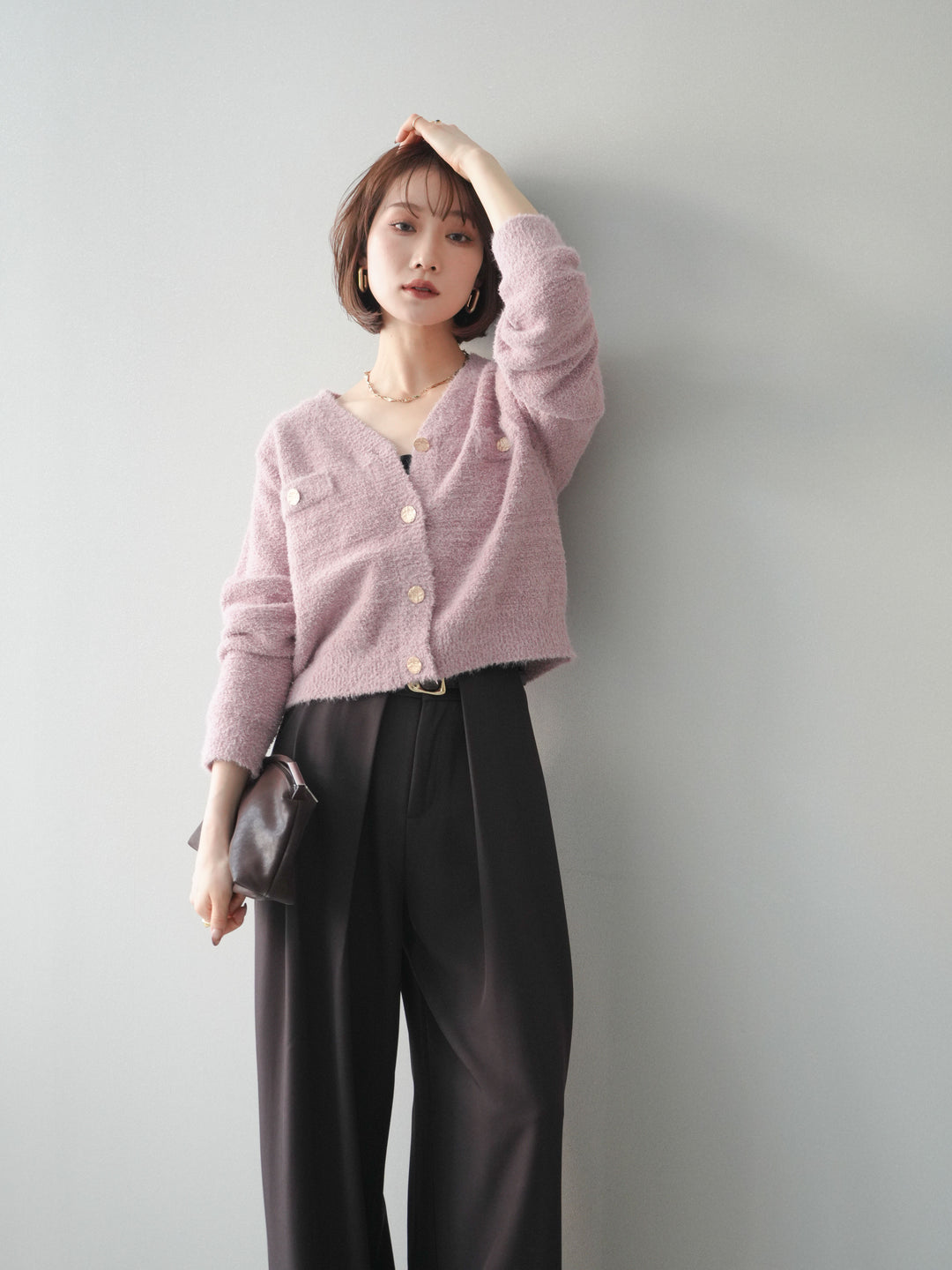 [SET]ゴールドボタンモールニットカーディガン+ベルトループデザインワイドパンツ(2set)