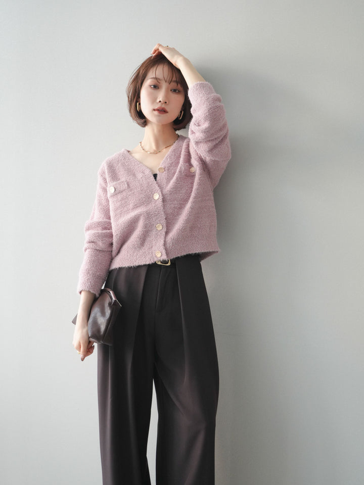 [SET]ゴールドボタンモールニットカーディガン+ベルトループデザインワイドパンツ(2set)