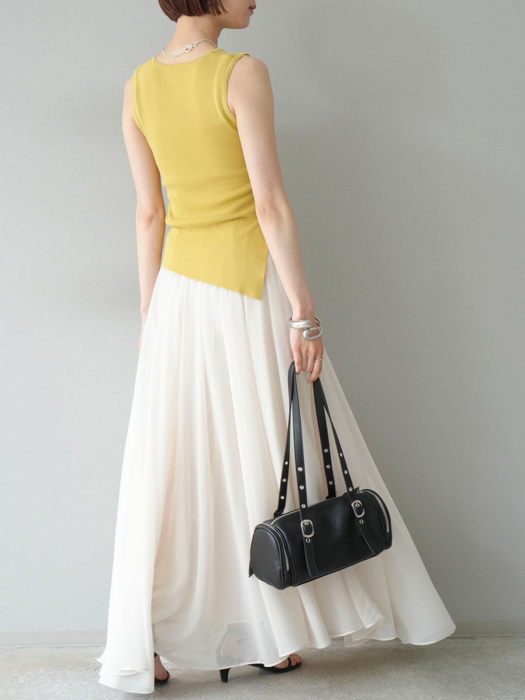 [SET]カシュクールノースリーブニットトップス+シフォンフレアスカート(2set)