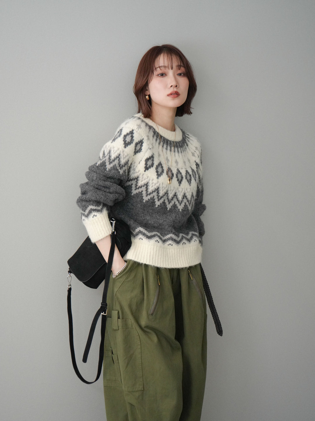 [予約]ノルディック柄ニットプルオーバー/gray