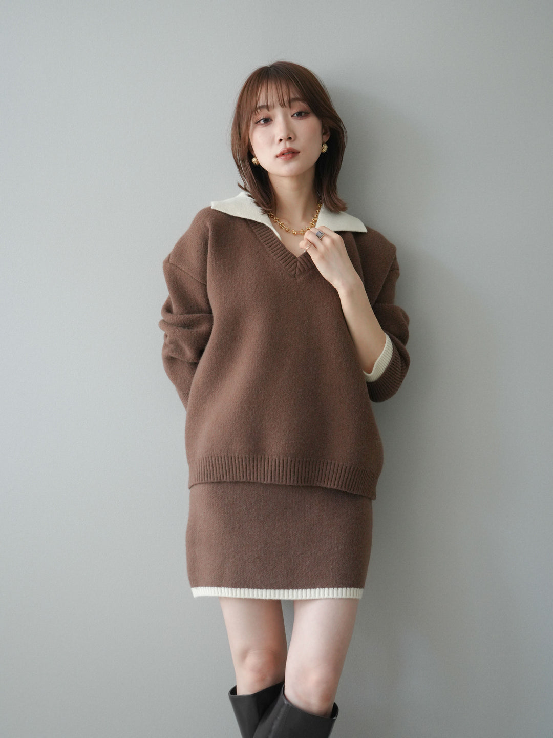 [SET]配色襟ニット＆ミニスカートSET UP+配色襟ニット＆ミニスカートSET UP(2set)