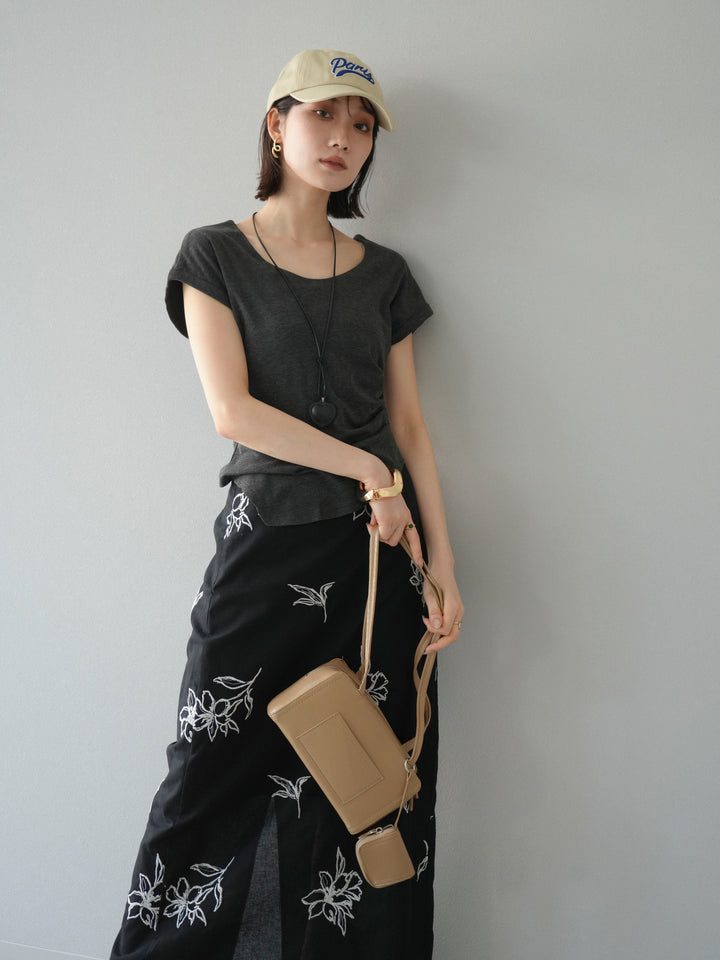 [予約]タックTシャツ＆レザーハートネックレスSET /チャコール