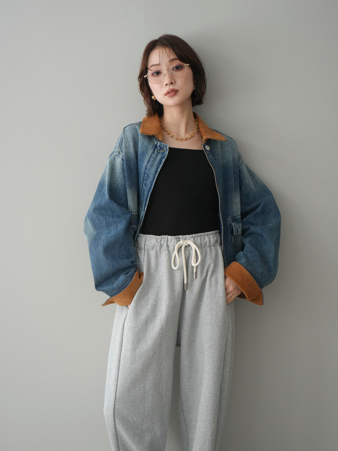 [予約]コーデュロイ×デニムショートカバーオール/blue