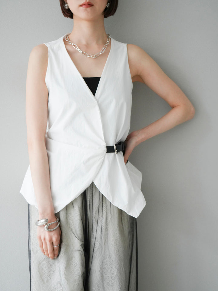 [SET]ベルトデザインバルーンブラウス+レースタックイージーパンツ+コード刺繍チュールレイヤードパンツ(3set)