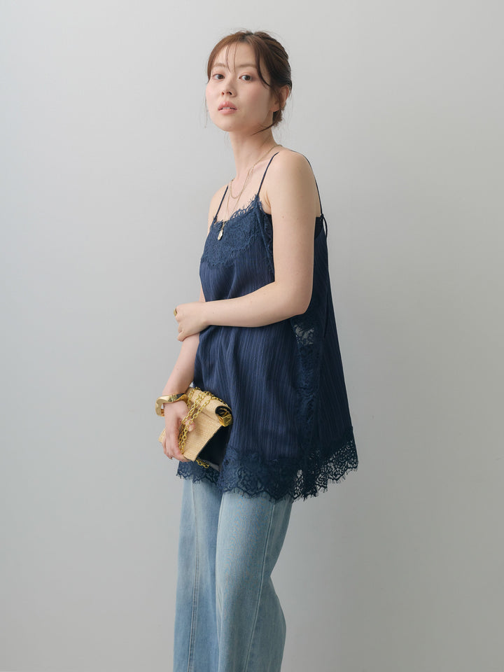 [予約]ワッシャーテクスチャーレーストリムキャミソール/navy