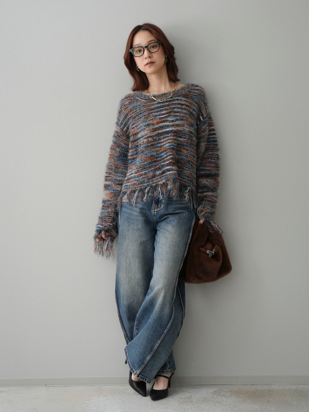 [SET]裾フリンジミックスヤーンシャギープルオーバー+サイド切替カーブデニムパンツ(2set)