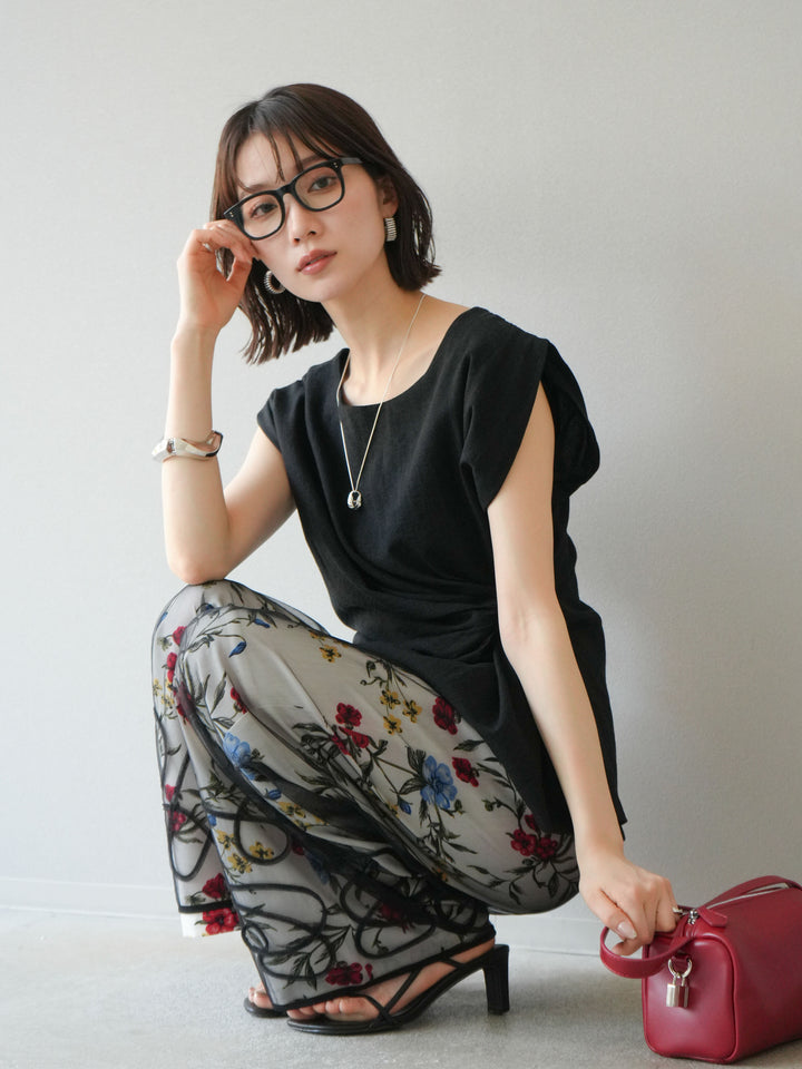 [SET] 側扭法式上衣+植物圖案休閒褲+繩繡薄紗疊穿褲（3件套裝）